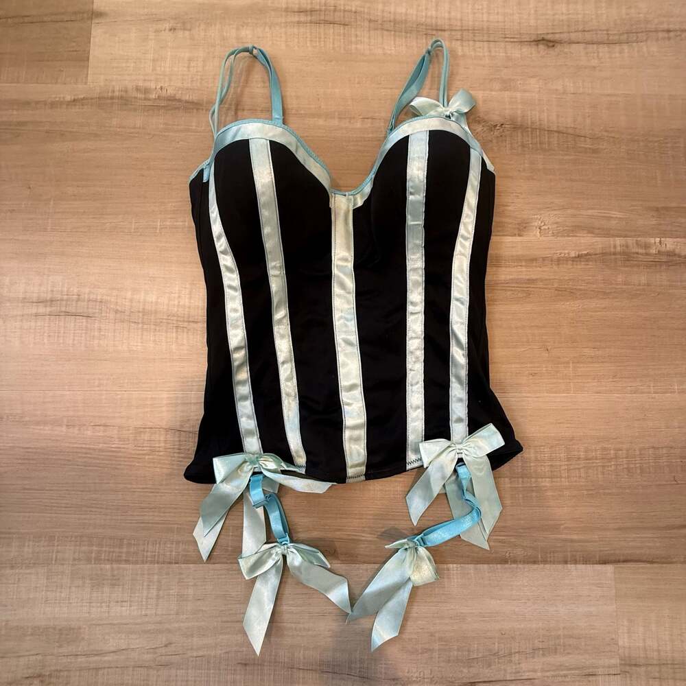 Vintage 90s Y2K Morbid Threads Black & Blue Ribbon Satin Bustier 36D Grunge Fair